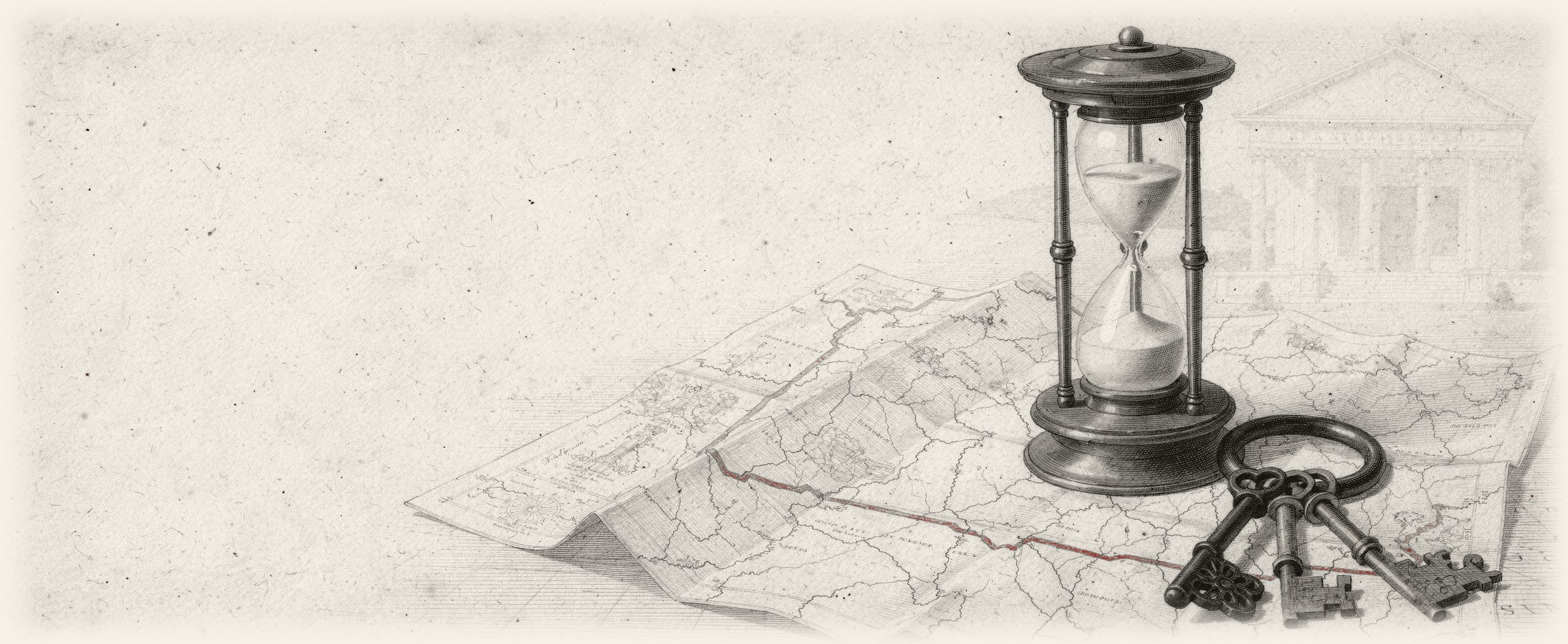 Reloj de arena sobre un mapa de la frontera entre México y Estados Unidos, con un manojo de llaves y un tribunal al fondo
